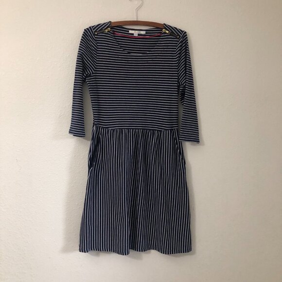 Boden Janie Day Navy White Striped Zip Shoulder Long Sleeve Pocket Dress 10R - Picture 2 of 8